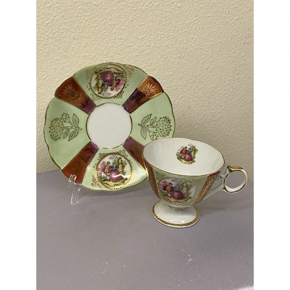 Royal Sealy China Japan Cup and Saucer - Courting Couple Mint Green /Iridescence